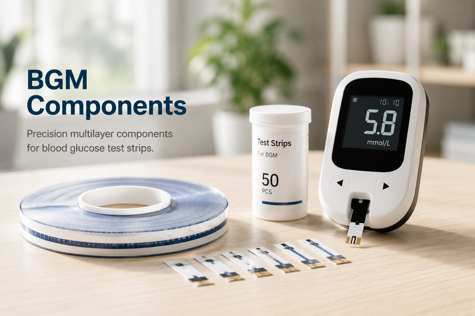 BGM components, blood glucose meter, and test strips