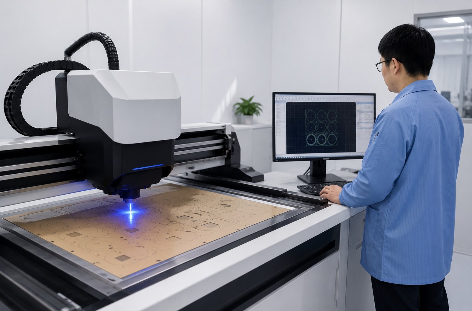 Engineer operating precision laser cutting equipment