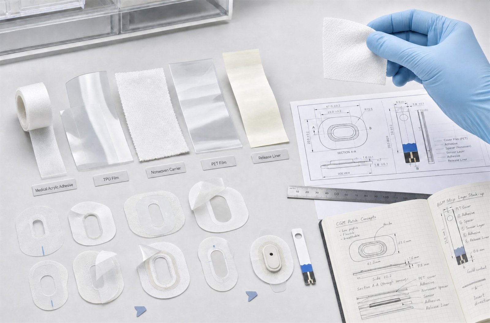 Engineering evaluation of adhesive films, nonwovens, liners, and medical device constructions