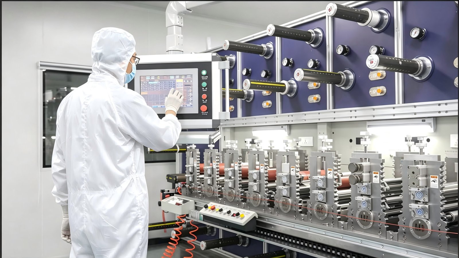 Operator controlling automated cleanroom converting equipment